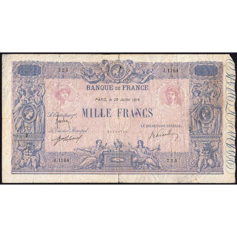 F 36-32 - 29/07/1918 - 1000 francs - Bleu et rose - Série J.1164 - Etat : B+ à TB-