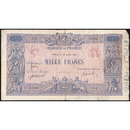 F 36-32 - 29/07/1918 - 1000 francs - Bleu et rose - Série J.1164 - Etat : B+ à TB-