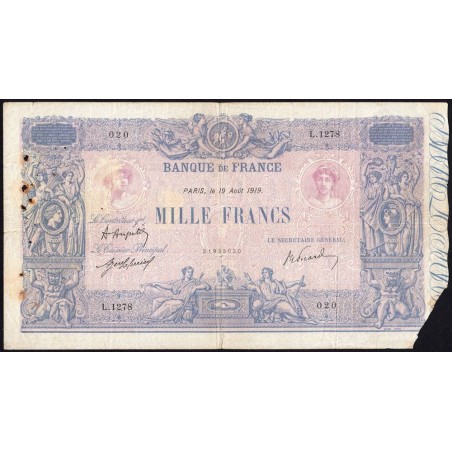 F 36-34 - 19/08/1919 - 1000 francs - Bleu et rose - Série L.1278 - Etat : AB