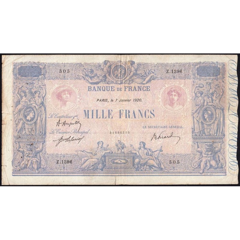 F 36-35 - 07/01/1920 - 1000 francs - Bleu et rose - Série Z.1396 - Etat : TB