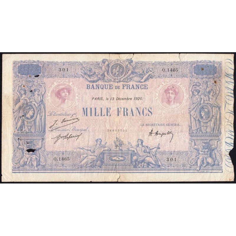 F 36-36 - 13/12/1920 - 1000 francs - Bleu et rose - Série O.1465 - Etat : B+ à TB-