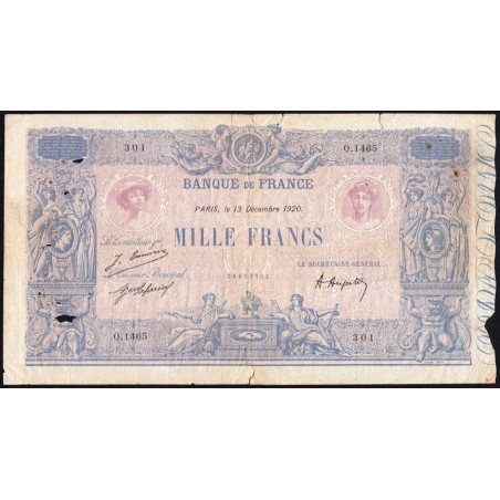 F 36-36 - 13/12/1920 - 1000 francs - Bleu et rose - Série O.1465 - Etat : B+ à TB-