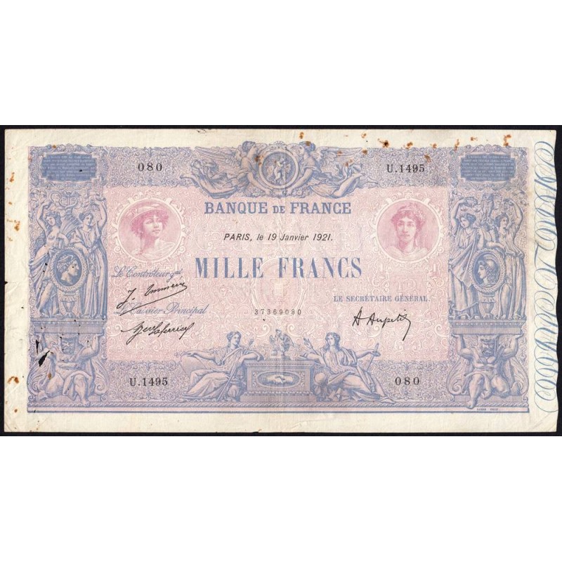 F 36-37 - 19/01/1921 - 1000 francs - Bleu et rose - Série U.1495 - Etat : TB-