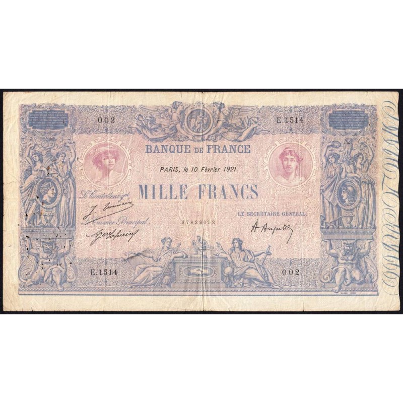 F 36-37 - 10/02/1921 - 1000 francs - Bleu et rose - Série E.1514 - Etat : TB-