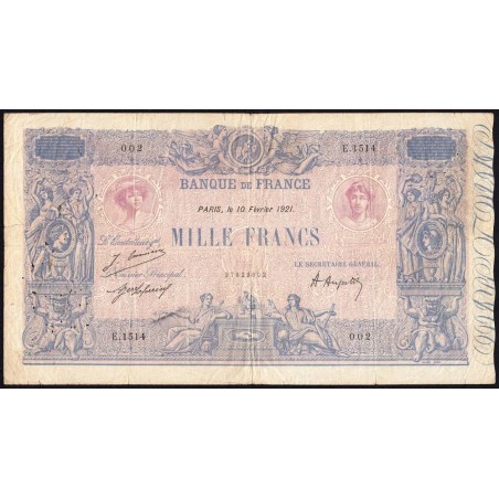 F 36-37 - 10/02/1921 - 1000 francs - Bleu et rose - Série E.1514 - Etat : TB-