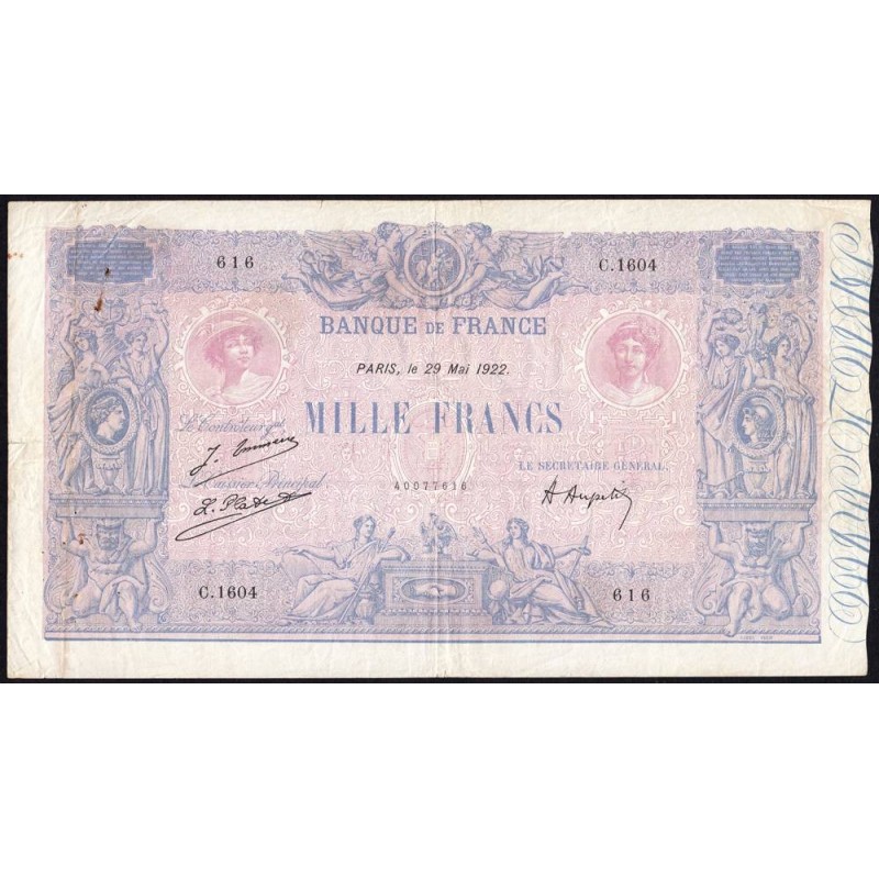 F 36-38 - 29/05/1922 - 1000 francs - Bleu et rose - Série C.1604 - Etat : TB+ à TTB