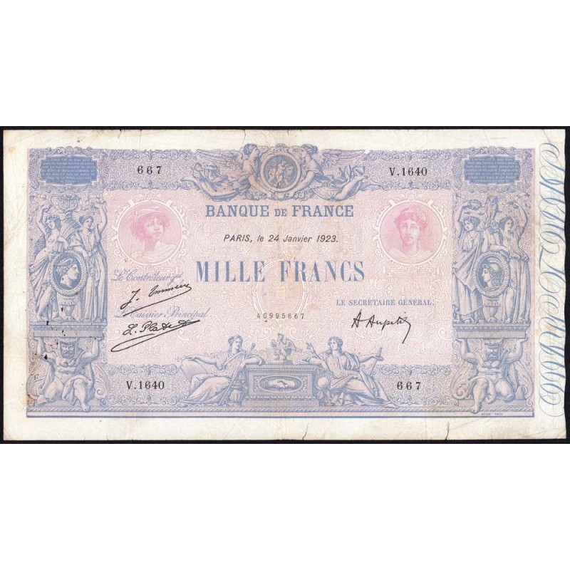 F 36-39 - 24/01/1923 - 1000 francs - Bleu et rose - Série V.1640 - Etat : TB