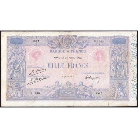 F 36-39 - 24/01/1923 - 1000 francs - Bleu et rose - Série V.1640 - Etat : TB
