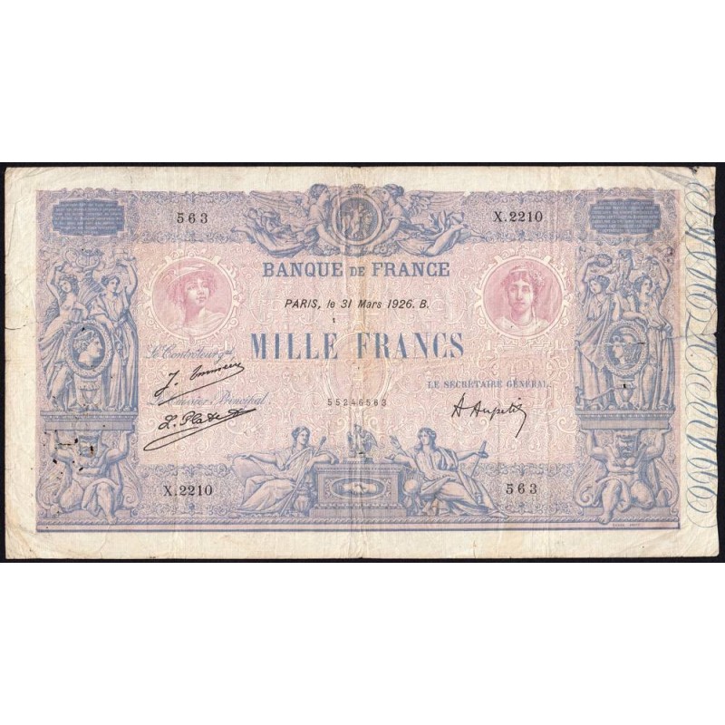 F 36-42 - 31/03/1926 - 1000 francs - Bleu et rose - Série X.2210 - Etat : B+