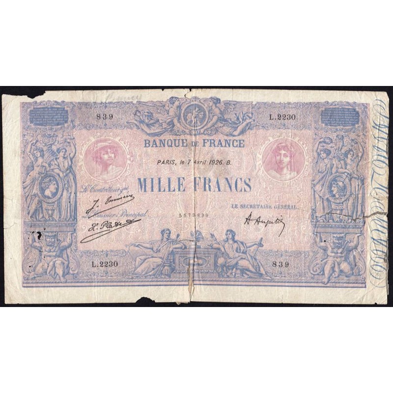 F 36-42 - 31/03/1926 - 1000 francs - Bleu et rose - Série L.2230 - Etat : AB