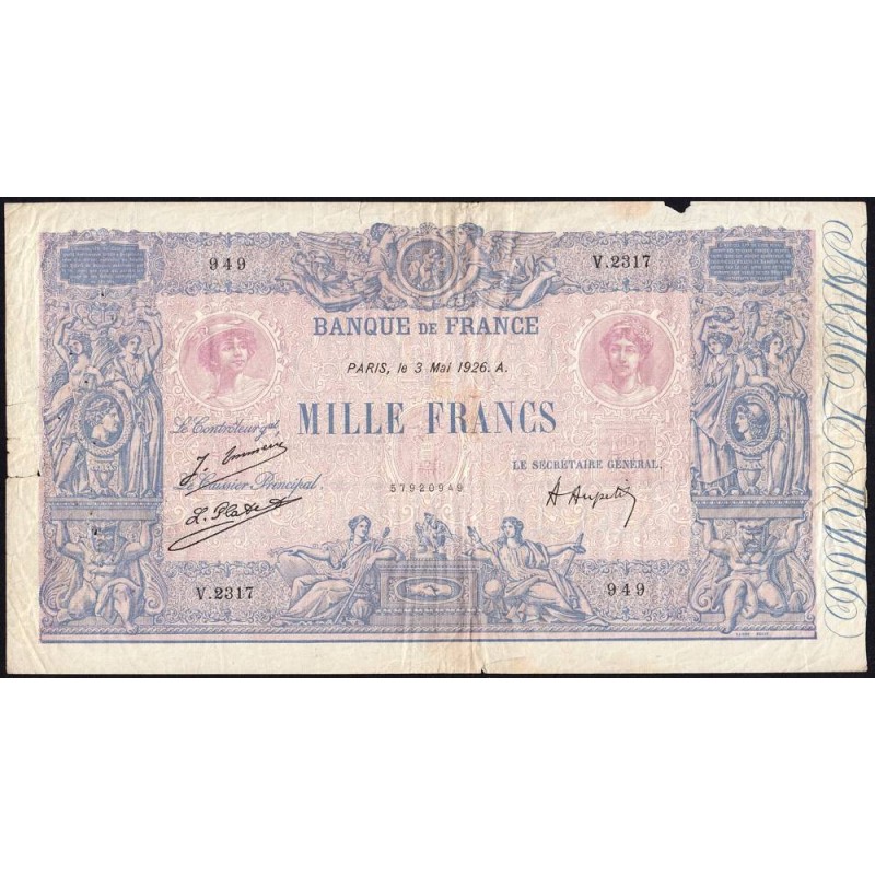 F 36-42 - 03/05/1926 - 1000 francs - Bleu et rose - Série V.2317 - Etat : B