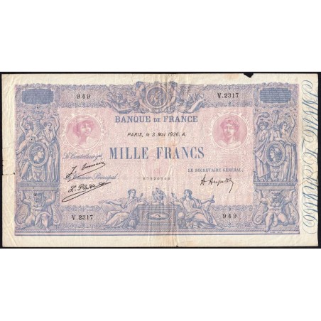 F 36-42 - 03/05/1926 - 1000 francs - Bleu et rose - Série V.2317 - Etat : B