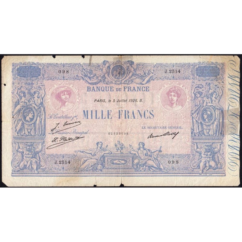 F 36-43 - 05/07/1926 - 1000 francs - Bleu et rose - Série J.2514 - Etat : B