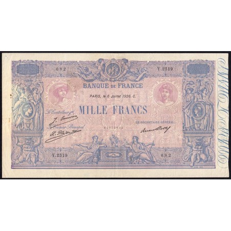 F 36-43 - 06/07/1926 - 1000 francs - Bleu et rose - Série Y.2519 - Etat : TTB+