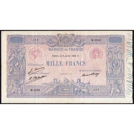 F 36-43 - 09/07/1926 - 1000 francs - Bleu et rose - Série M.2532 - Etat : TTB