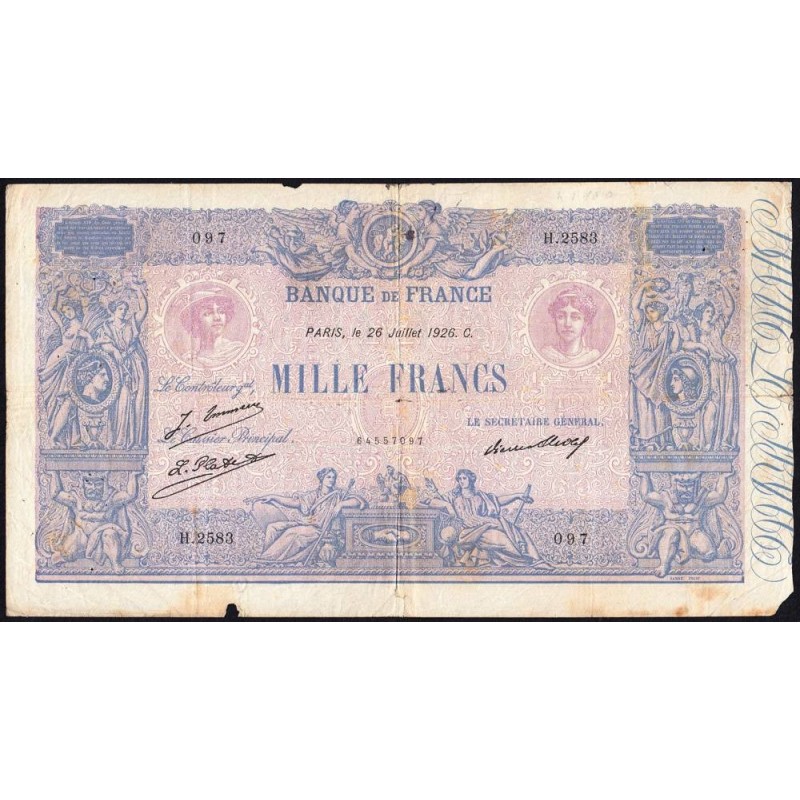 F 36-43 - 26/07/1926 - 1000 francs - Bleu et rose - Série H.2583 - Etat : TB-