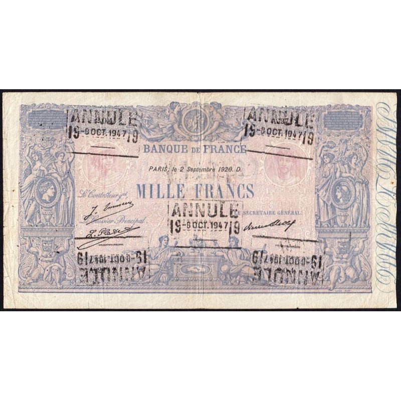F 36-43 - 02/09/1926 - 1000 francs - Bleu et rose - Série A.2712 - Annulé - Etat : TB