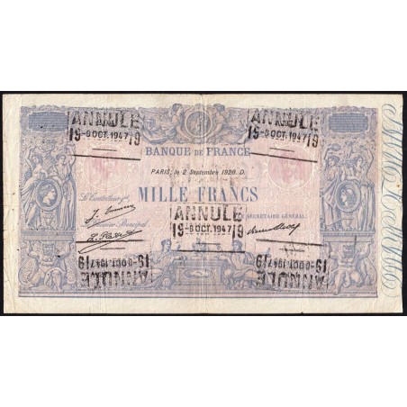 F 36-43 - 02/09/1926 - 1000 francs - Bleu et rose - Série A.2712 - Annulé - Etat : TB