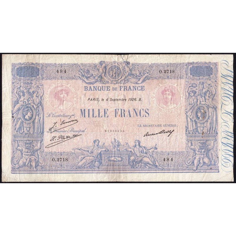 F 36-43 - 04/09/1926 - 1000 francs - Bleu et rose - Série O.2718 - Etat : B+