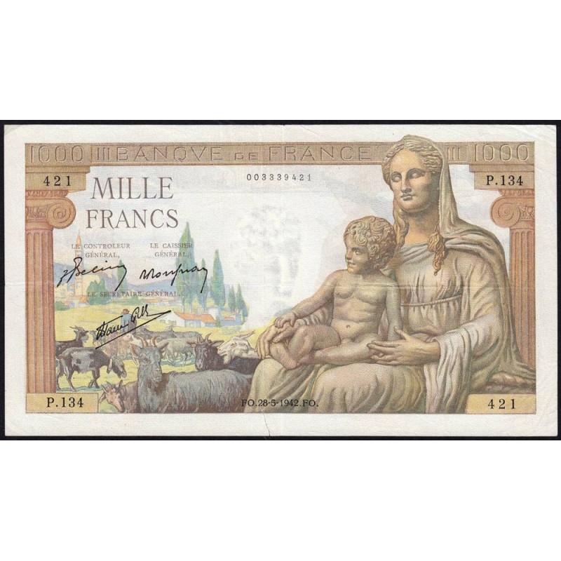 F 40-01 - 28/05/1942 - 1000 francs - Déesse Déméter - Série P.134 - Etat : TTB