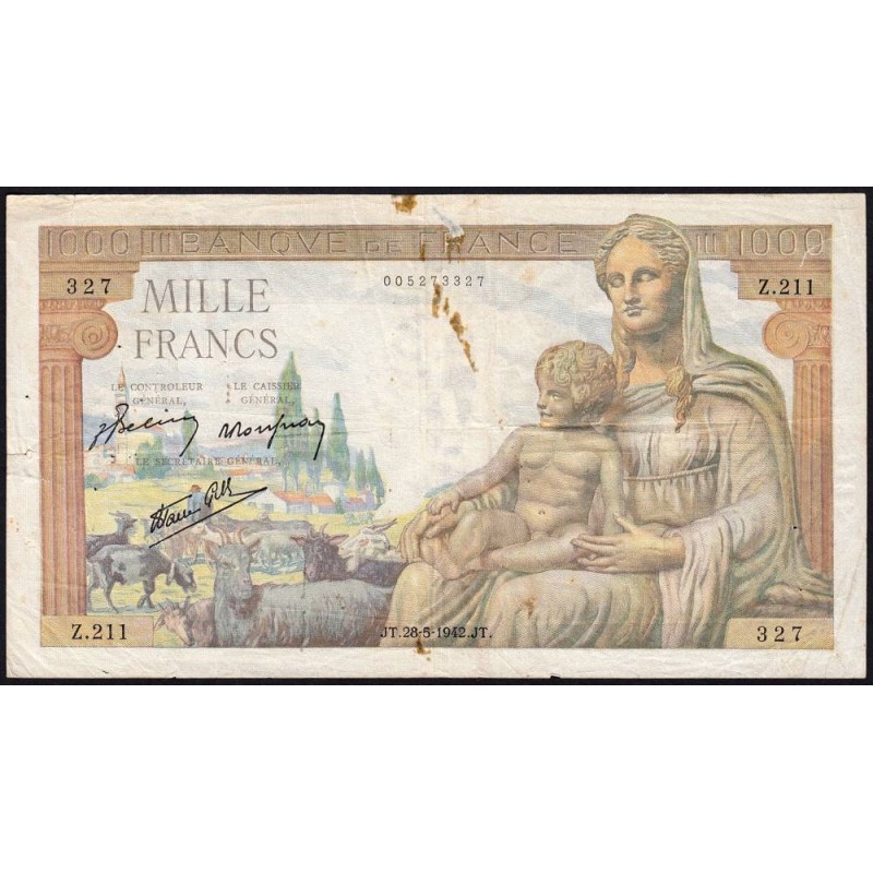 F 40-01 - 28/05/1942 - 1000 francs - Déesse Déméter - Série Z.211 - Etat : TB