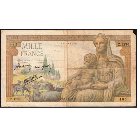 F 40-06 - 03/09/1942 - 1000 francs - Déesse Déméter - Série Z.1290 - Etat : B+