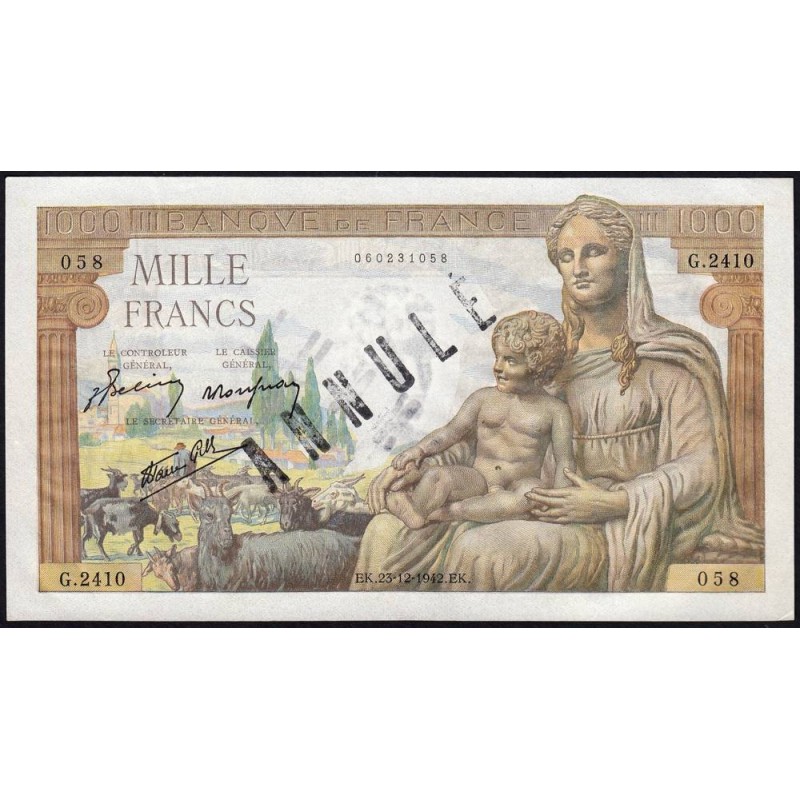 F 40-14 - 23/12/1942 - 1000 francs - Déesse Déméter - Série G.2410 - Annulé - Etat : SPL