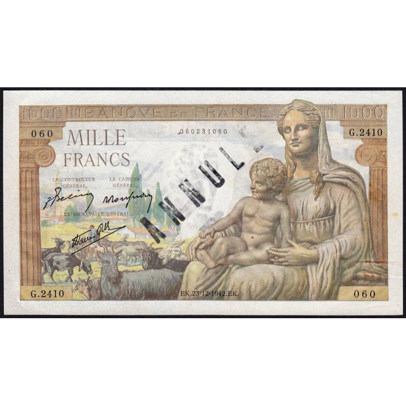F 40-14 - 23/12/1942 - 1000 francs - Déesse Déméter - Série G.2410 - Annulé - Etat : SPL