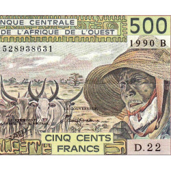 Bénin - Pick 206Bm - 500 francs - Série D.22 - 1991 - Etat : SUP