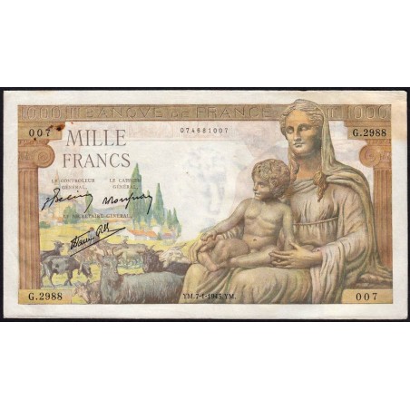 F 40-15 - 07/01/1943 - 1000 francs - Déesse Déméter - Série G.2988 - Etat : TTB+