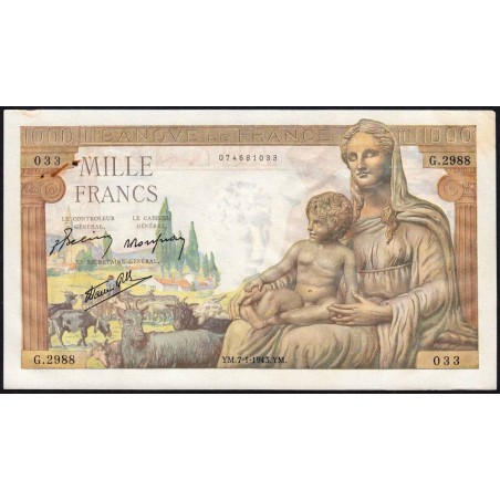 F 40-15 - 07/01/1943 - 1000 francs - Déesse Déméter - Série G.2988 - Etat : SUP-