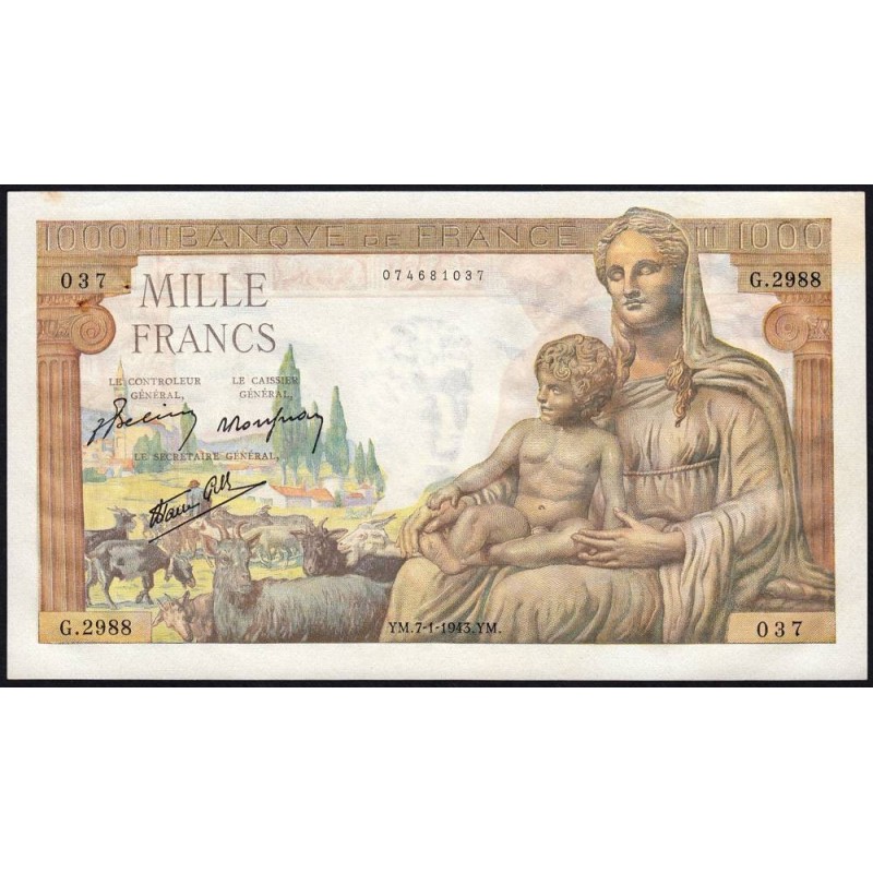 F 40-15 - 07/01/1943 - 1000 francs - Déesse Déméter - Série G.2988 - Etat : SUP