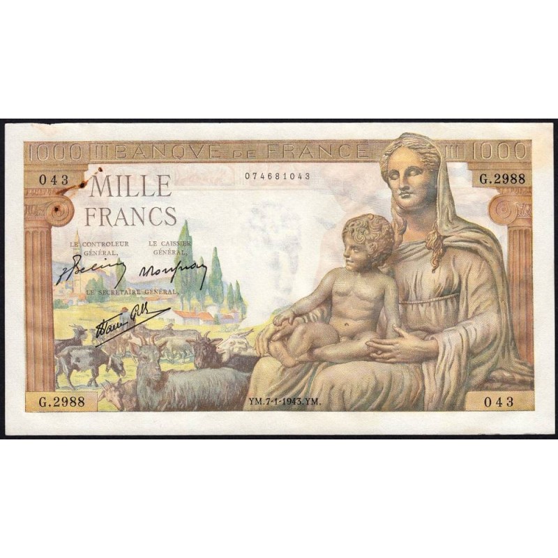 F 40-15 - 07/01/1943 - 1000 francs - Déesse Déméter - Série G.2988 - Etat : SUP