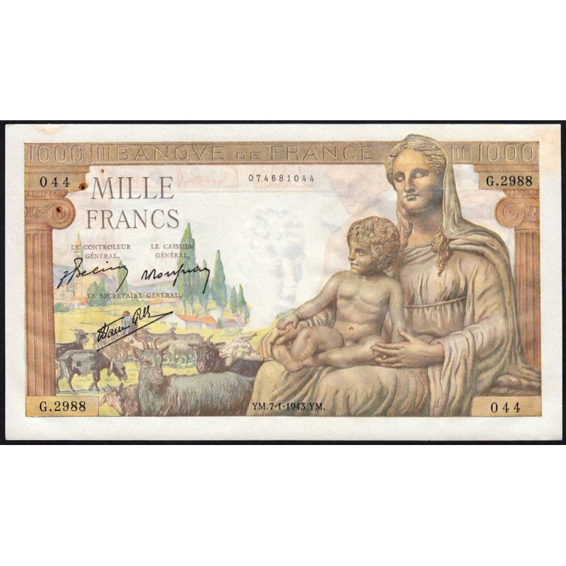 F 40-15 - 07/01/1943 - 1000 francs - Déesse Déméter - Série G.2988 - Etat : SUP