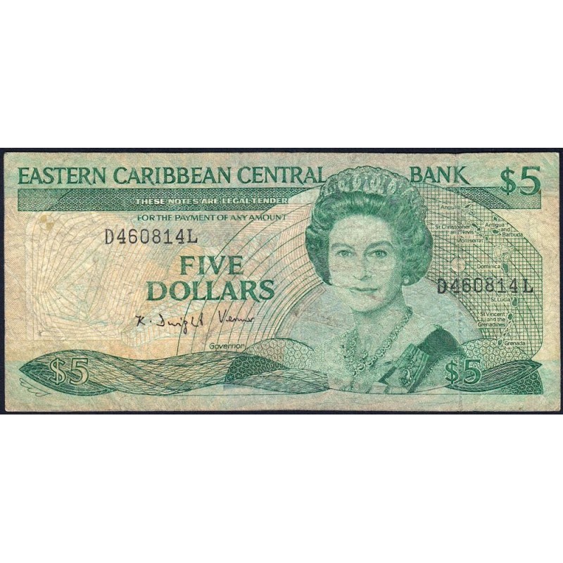Caraïbes Est - Sainte Lucie - Pick 22l_2 - 5 dollars - Série D - 1989 - Etat : B+ à TB-