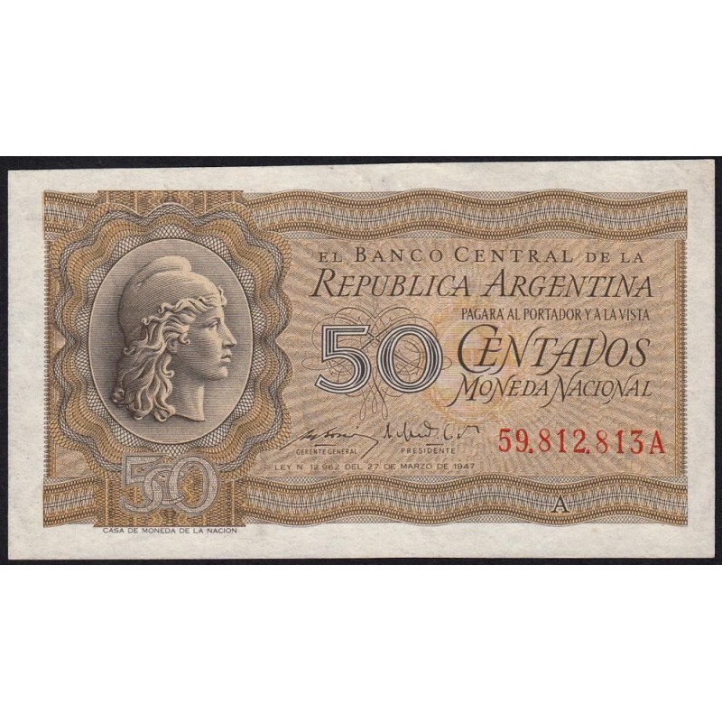 Argentine - Pick 259b - 50 centavos - Série A - 27/03/1947 (1950) - Etat : SUP+