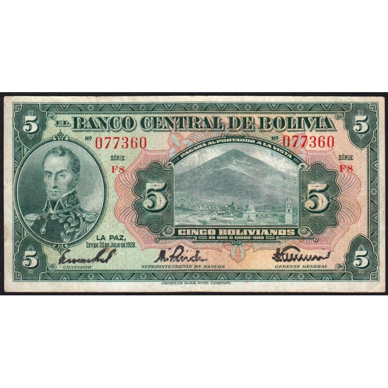 Bolivie - Pick 120_7b - 5 bolivianos - Série F8 - Loi 1928 (1940) - Etat : TTB
