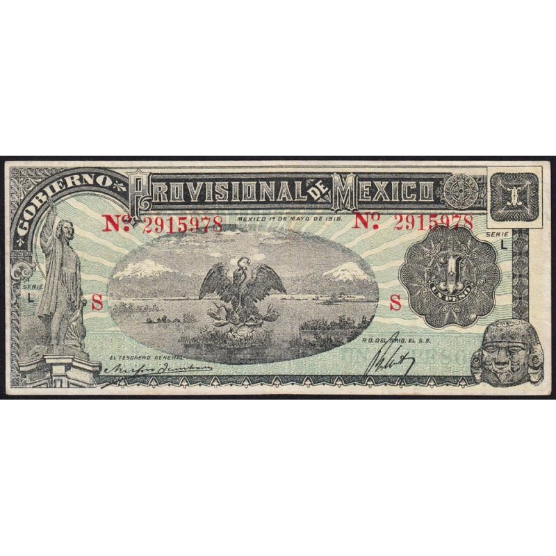 Gouv. Provisoire du Mexique - Pick S 709 - 1 peso - Serie L - Lettre S - 01/05/1915 - Etat : SUP