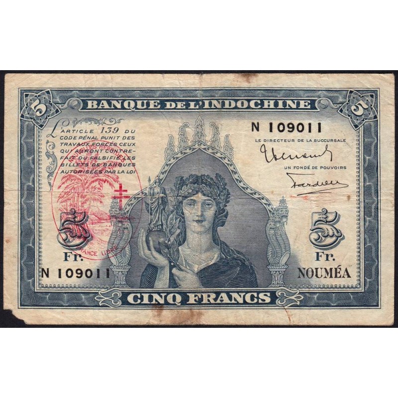 Nouvelles Hébrides - Pick 5 - 5 francs - Série N - 1945 - Etat : B+ à TB-