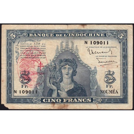 Nouvelles Hébrides - Pick 5 - 5 francs - Série N - 1945 - Etat : B+ à TB-