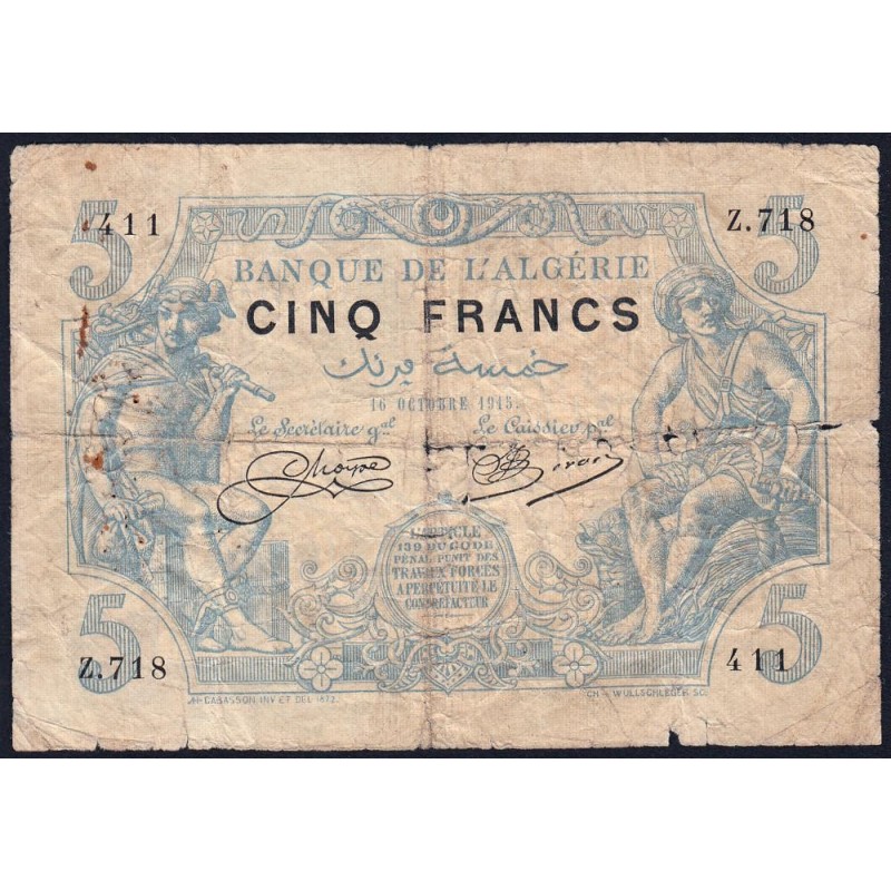 Algérie - Pick 71b_1 - 5 francs - Série Z.718 - 16/10/1915 - Etat : B+ à TB-