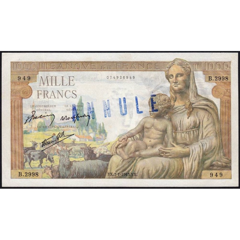 F 40-15 - 07/01/1943 - 1000 francs - Déesse Déméter - Série B.2998 - Annulé - Etat : SUP