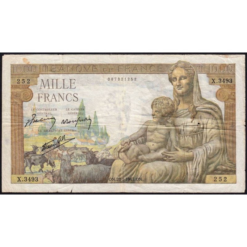 F 40-17 - 28/01/1943 - 1000 francs - Déesse Déméter - Série X.3493 - Etat : TB-