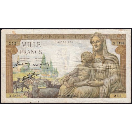 F 40-17 - 28/01/1943 - 1000 francs - Déesse Déméter - Série X.3493 - Etat : TB-