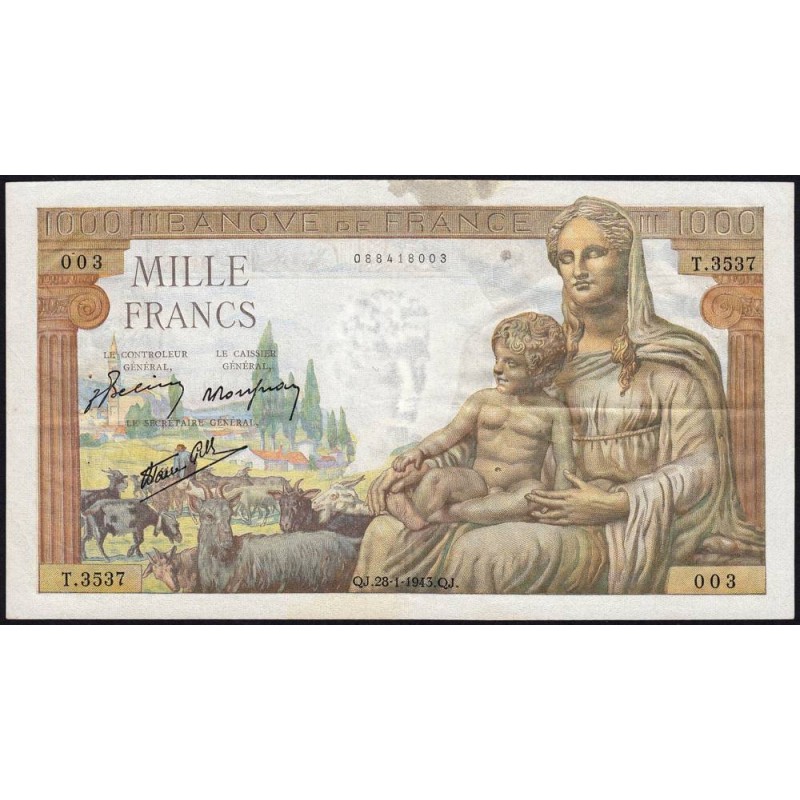 F 40-17 - 28/01/1943 - 1000 francs - Déesse Déméter - Série T.3537 - Etat : TTB