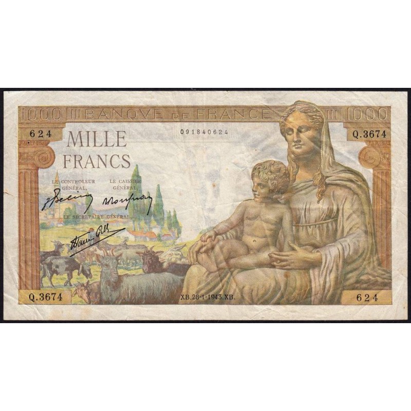 F 40-17 - 28/01/1943 - 1000 francs - Déesse Déméter - Série Q.3674 - Etat : TB
