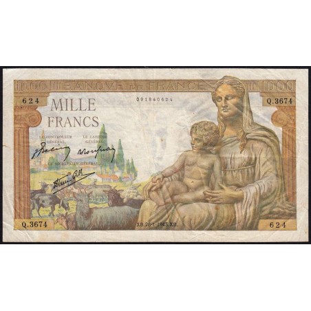 F 40-17 - 28/01/1943 - 1000 francs - Déesse Déméter - Série Q.3674 - Etat : TB