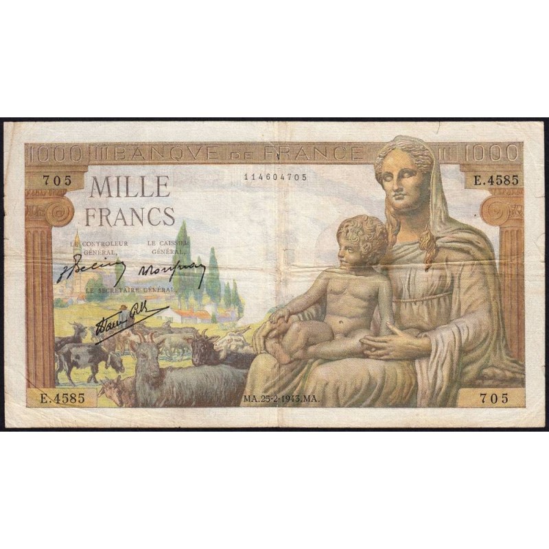 F 40-20 - 25/02/1943 - 1000 francs - Déesse Déméter - Série E.4585 - Etat : TB-