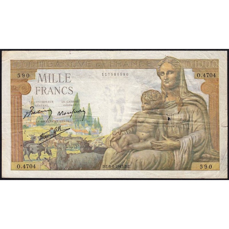 F 40-21 - 08/04/1943 - 1000 francs - Déesse Déméter - Série O.4704 - Etat : TB-