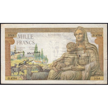 F 40-21 - 08/04/1943 - 1000 francs - Déesse Déméter - Série O.4704 - Etat : TB-